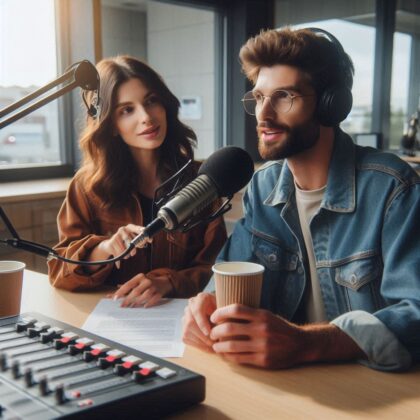 A man and a woman talking on a mic in a radio station setting